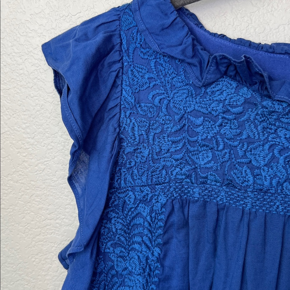 J. Marie Woven Embroidered Ruffled Cap Sleeve Top Size L In Cobalt Blue - Picture 6 of 12